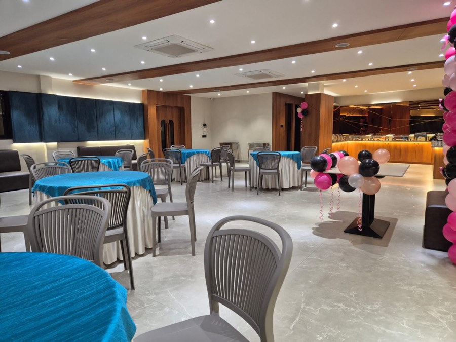 the hall looking towards the lit buffet counter
