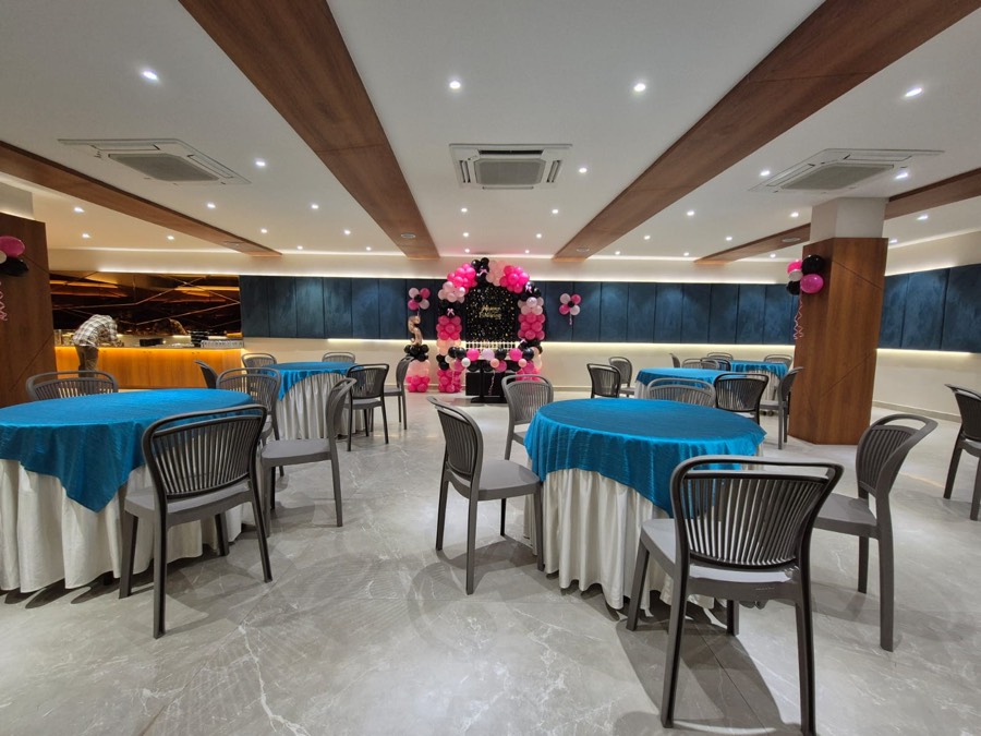 tables and the buffet counter set up for a function