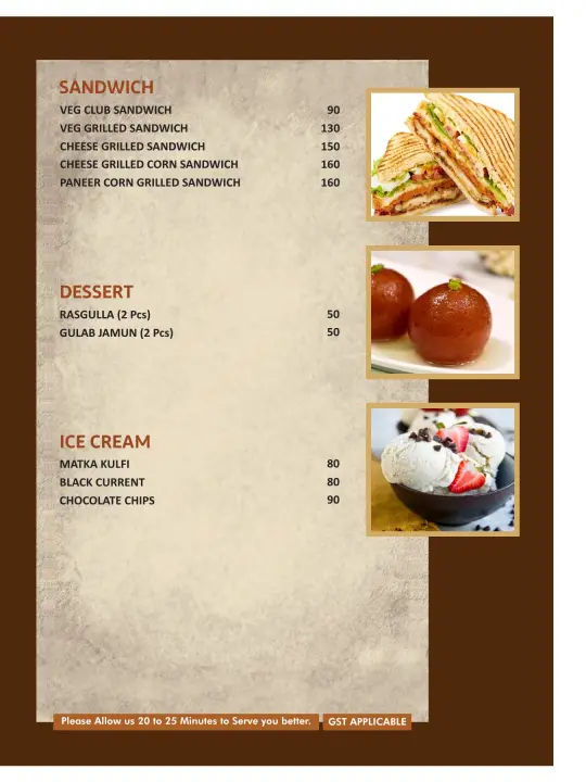 Menu page — sandwiches, dessert and ice cream