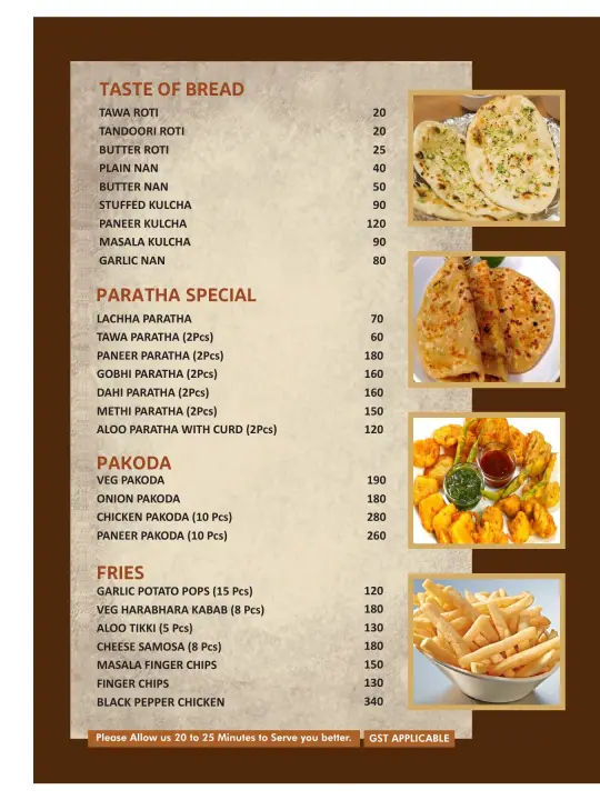 Menu page — breads, paratha, pakoda and fries