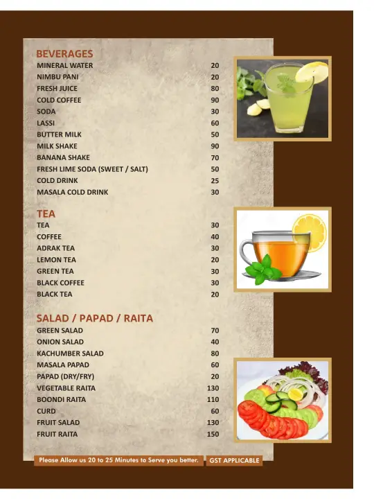 Menu page — beverages, tea, salad, papad and raita