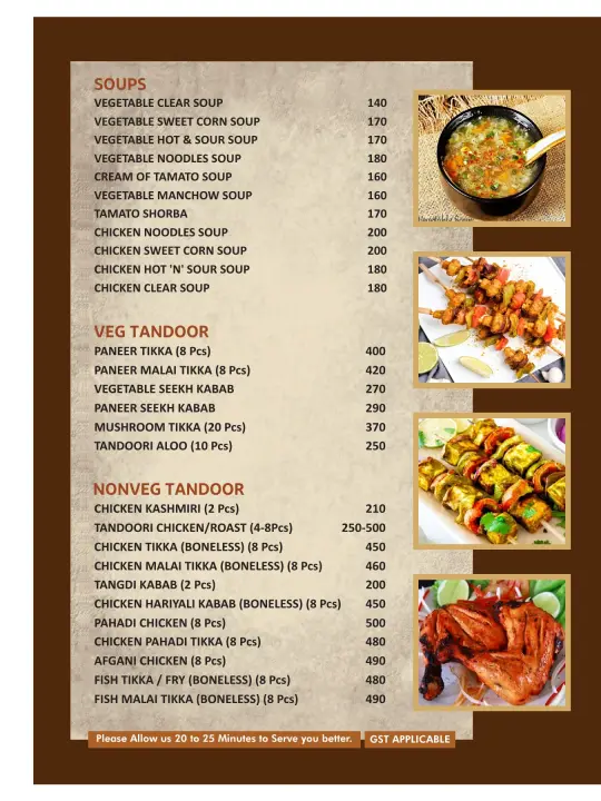 Menu page — soups, veg tandoor and non-veg tandoor