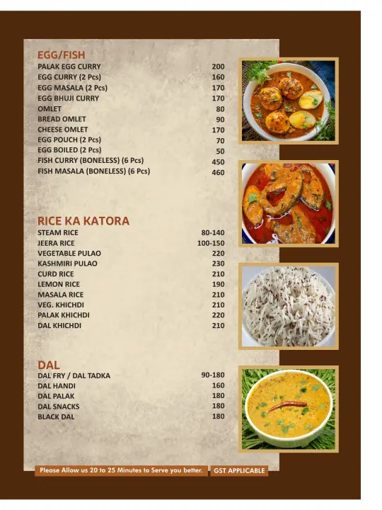Menu page — egg, fish, rice and dal