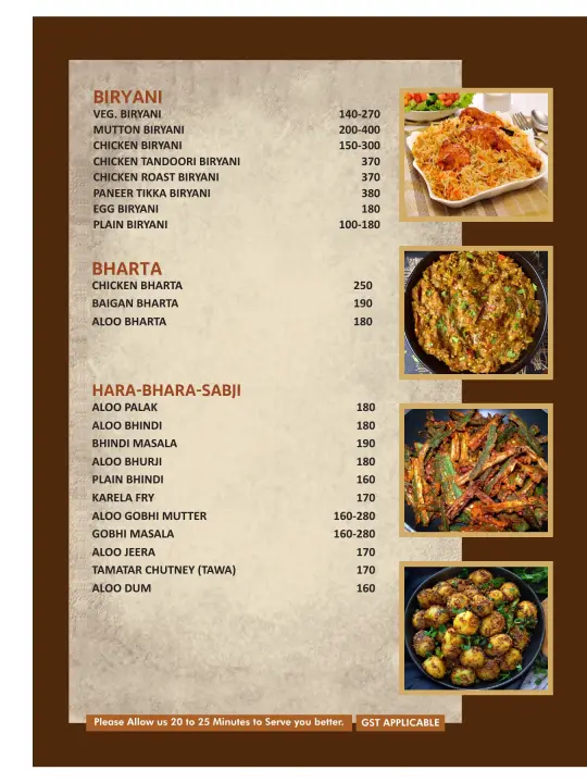 Menu page — biryani, bharta and hara-bhara sabji
